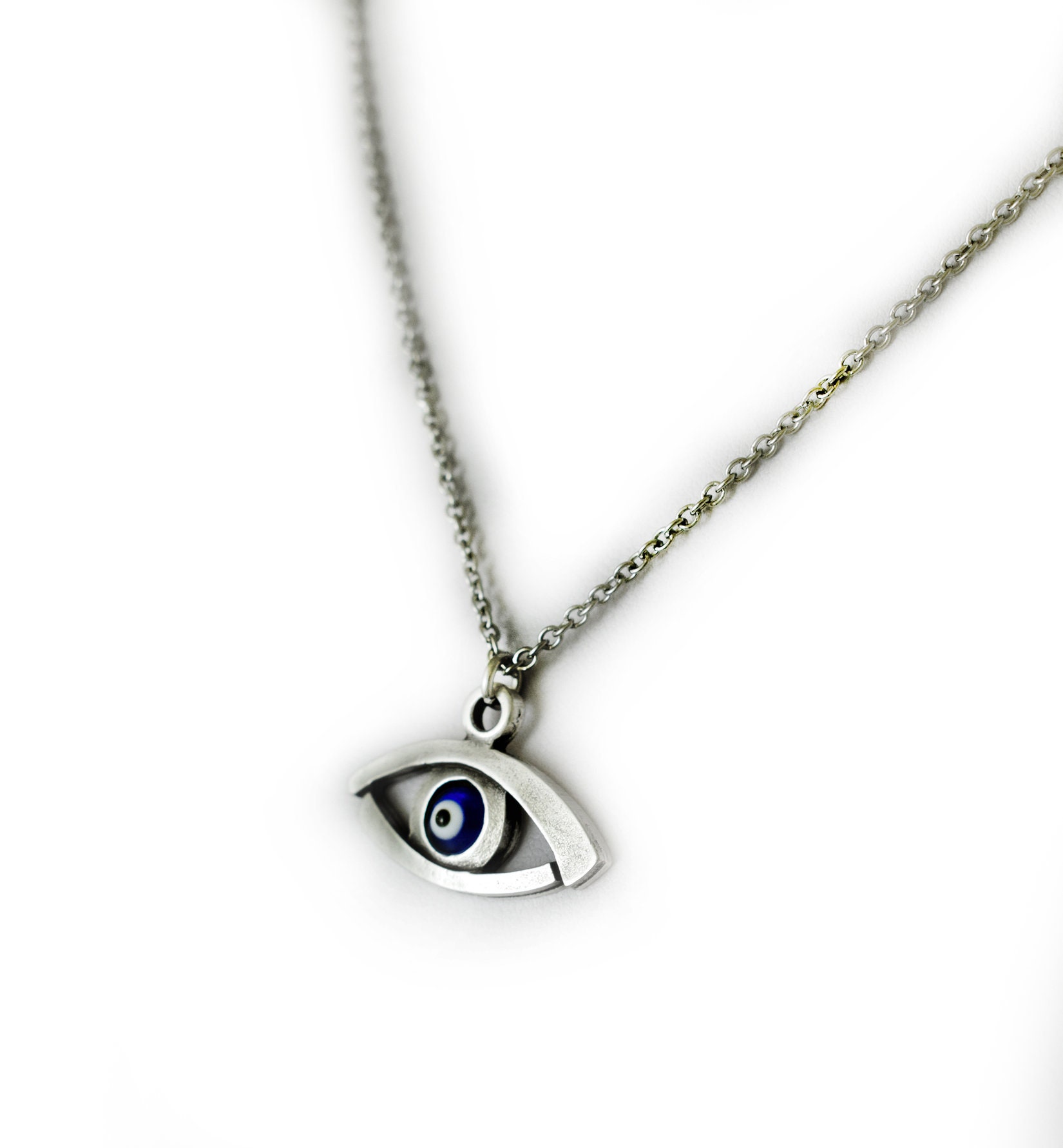 Evil Eye Necklace Blue Greek Mati Hamsa Silver Tone Pendant | Etsy