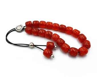 Komboloi, Worry Beads with Red Barrel Beads, Silver Plated Metal Master Bead, Unisex gift