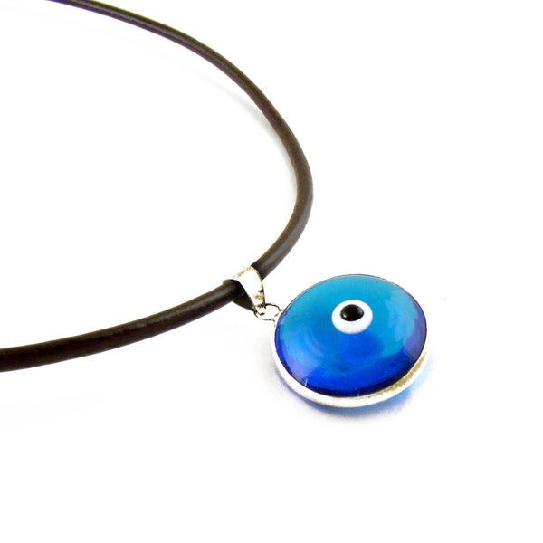 Evil Eye Necklace, Sterling Silver Evil Eye Pendant, Blue Eye Charm 18mm, Greek Mati, Hamsa, Nazar, Mens Jewelry, Greek Leather