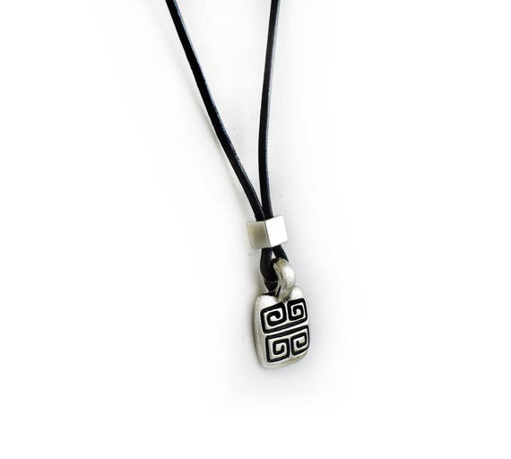 Men Leather Necklace Greek Key Pendant 