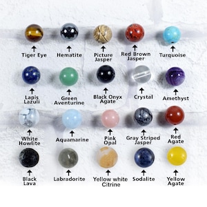 Puede incluir: Una colecci&oacute;n de veinte cuentas de piedras preciosas redondas dispuestas en una cuadr&iacute;cula, etiquetadas con sus nombres: Tiger Eye, Hematite, Picture Jasper, Red Brown Jasper, Turquoise, Lapis Lazuli, Green Aventurine, Black Onyx Agate, Crystal, Amethyst, White Howlite, Aquamarine, Pink Opal, Gray Striped Jasper, Red Agate, Black Lava, Labradorite, Yellow white Citrine, Sodalite y Yellow Agate.