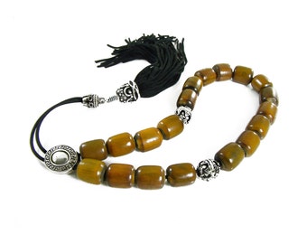 Worry Beads, Komboloi with Brown Horn Beads and Handmade Black Tassel