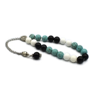 Komboloi, Worry Beads with Agate Beads and Howlite Turquoise Beads on Silver Tone Metal Chain, Unisex Chistmas Gifts