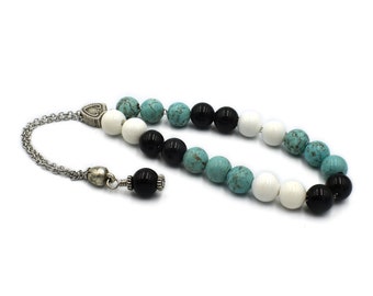 Komboloi, Worry Beads with Agate Beads and Howlite Turquoise Beads on Silver Tone Metal Chain, Unisex Chistmas Gifts