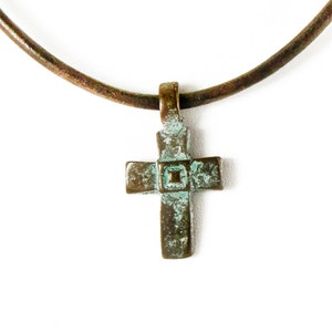 Patina Cross Necklace, Antiqued Copper Tone Cross Pendant Jewelry on Brown Leather Cord