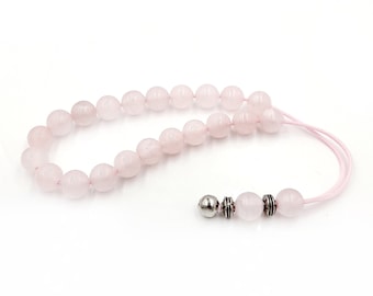 Rose Quartz Worry Beads, Greek Komboloi with Metal Beads, Kompoloi, Choose cord color