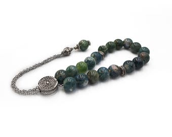 Worry Beads, Komboloi with Moss Agate Beads, Metal Master Bead, Silver Tone Metal Chain Komboloi, Christmas Gift Ideas