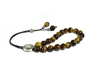 Tiger Eye Komboloi, Greek Worry Beads, Silver tone Metal Shield Bead