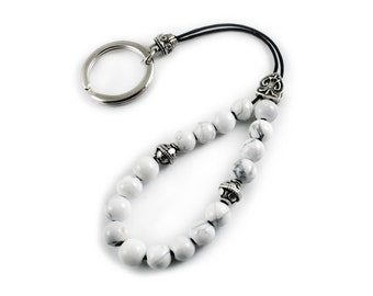 White Howlite Keychain, Beaded Keychain Keyring, Metal Beads, howlite Worry Beads