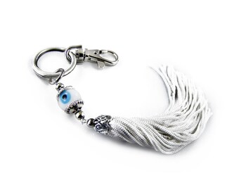 Evil Eye Keychain, Bag Purse Hanger Accessories, White Tassel keyring