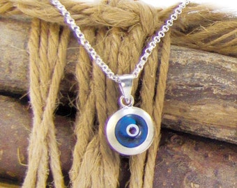 Blue Evil Eye Necklace, Sterling Silver, Greek Mati pendant charm Jewelry, Gift for Him and Her