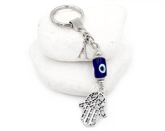Personalized Hamsa hand Evil eye keychain Keyring with Blue Glass Eye Bead, Greek Mati Gifts