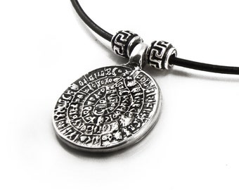 Phaistos Disc Necklace, Minoan Cretan Disc Leather Necklace, Greek Jewelry, Unisex