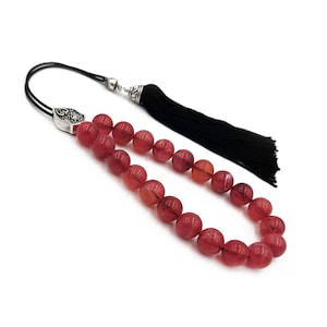 Worry Beads, Komboloi with Red Acrylic Beads, Metal Master Bead and Handmade Tassel, Unisex gift