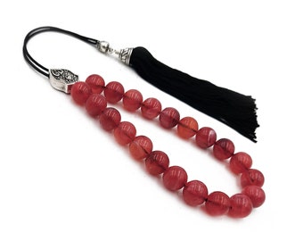 Worry Beads, Komboloi with Red Acrylic Beads, Metal Master Bead and Handmade Tassel, Unisex gift