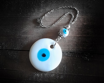 White Evil Eye Car Rearview Mirror Charm, Hanger, Ornament, Decor, Gift