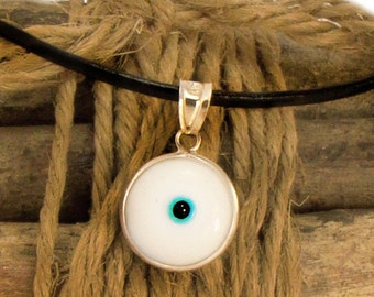 Evil Eye Necklace, White Evil Eye Pendant, Silver Eye Charm Necklace, Greek Mati, Greek Leather Cord Necklace