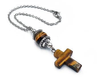 Cross Car Hanging, Tiger Eye Bead Cross Charm, Car Rearview Mirror Charm, Car Decoration Dangler