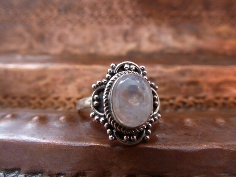 Indian 925 silver Rainbow Moonstone Solitaire Silver Ring ~ hand made