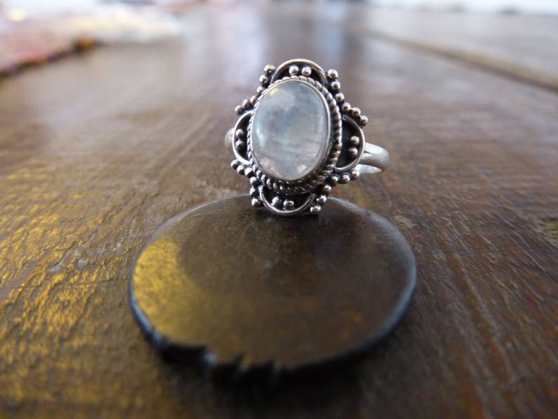 Indian 925 silver Rainbow Moonstone Solitaire Silver Ring ~ hand made