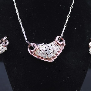 Coro Pink Toned Metal Clear Rhinestones Necklace Earring Set Vintage 1940-50&#39;s