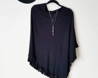 Black Fringe Poncho / Lightweight Nursing Cover / Nursing Shawl / One shoulder Tunic / Asymmetrical Poncho Top