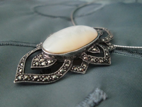 Vintage Marcasite and Mother of Pearl Silver Brooc