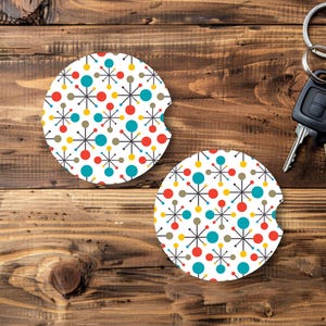 Handmade Ceramic Car Coasters | Set of 2 | 2.6” Absorbent Stone Cup Holder Coasters | Cute Car Accessories Gift for Women| Retro