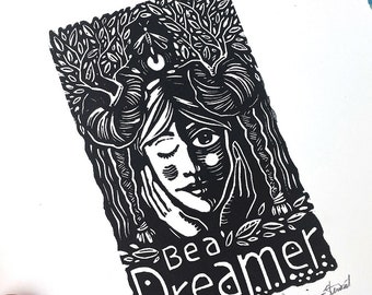 Be a Dreamer, Girls Face, Black and White, Linocut, Printmaking, Relief Print, Block Print, tree, Inspirational, Bird Print, firefly