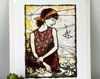 Wishbone, Girl sitting, Origami Bird, String, Girl Thinking and Wishing, Linocut, Printmaking