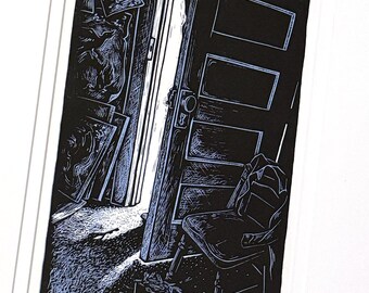 SALE - Closing Doors - Original,Dark Interior,Studio,Interior with Door,Woman with Key,Wall Art,Linocut,Linoleum Printmaking