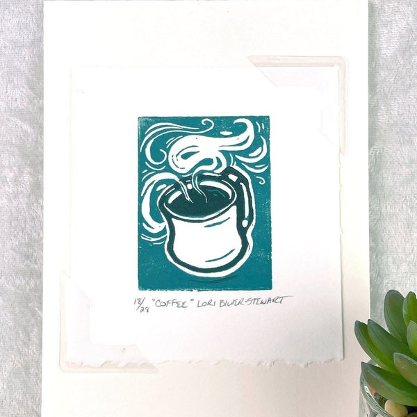 SALE - Coffee Cup - Kitchen Art - Linocut Printmaking - Block Print - Wall Art - 5x7