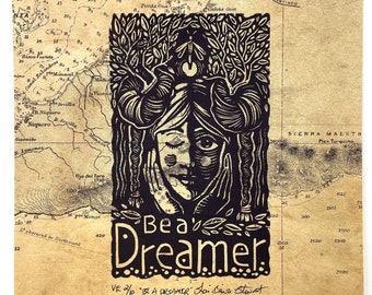 Be a Dreamer, Girls Face, Black and White, Linocut, Printmaking, Relief Print, Block Print, tree, Vintage Map, Bird Print, firefly