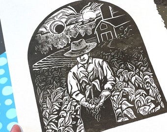 Farmer, Linocut, Printmaking, Field of Corn, Night Scene, Farm Scene, Iowa Farm, Midwest, Moon Art,Black and White Art