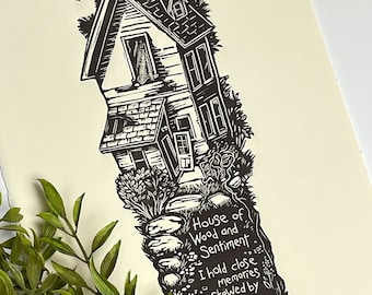 Lost Now, Old House on Farm, Quote Art, Linocut Print, Block Print, Wall Art, Printmaking, Large Print, Linoleum Print