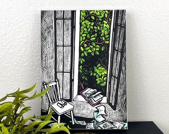Out of the Somewhere Reproduction on Cradled Wood Pane, Room With a Window, Garden Window, Library, Reading Books, Interior Room, Linocut