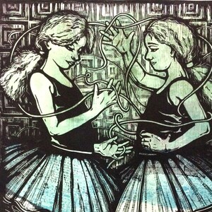SALE-Cats Cradle no 10, Game, Children Art, Sister Art, Twin Art, Ballerina Art Print, Dancing Girls, String Art, Friends Playing, Whimsical