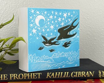 Moonlight Swallows Reproduction on cradled wood panel, Summer Art, Evening Art, Swallows, Birds Flying, Linocut Print, Floral