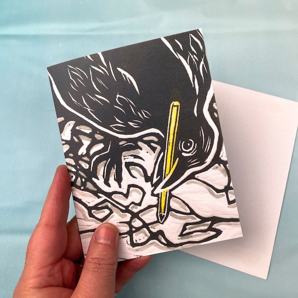 Blank Note card and Envelope - Reproduction of original artwork of a crow drawing with a pencil, notecard,linocut print