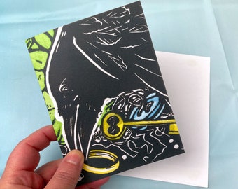 Blank Note card and Envelope - Reproduction of original artwork of a crow collecting items, Collector,notecard,linocut print