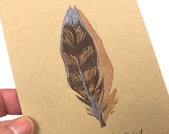 Feather #1: Brown Bird Feather Linocut Print, Wall Art