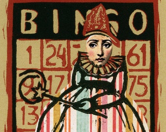 SALE - PENNY | Original linocut artwork of a girl with a crown in front of a bingo card. 2 color linocut with chine colle. Mixed media.