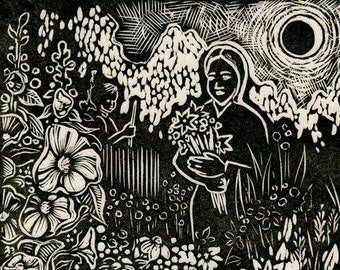SALE - GARDEN, Linocut Printmaking, block print,girl, flower garden, sun or moon, floral, portrait - gardener - landscape