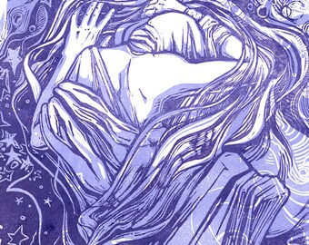 SALE - Caught Up in a Dream - Linoleum Printmaking of Man in the Middle of a Symbolic Dream with stars - chaos - nightmare - purples