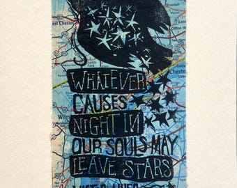 Whatever Causes Night, linocut print, blackbird art, songbird print, music art, sheet music art, map art, hand pulled print, original print