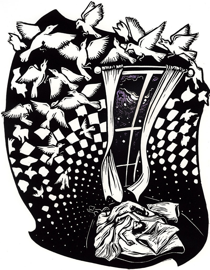 Sale-She Deams of Flying. Original Linoleum Printmaking inspired by M.C. Escher - Interior with white birds and sleeping girl and cat