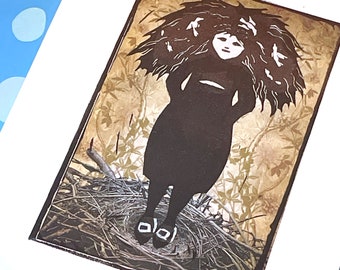 Birds Nest, Linocut Print, Printmaking, Altered Art, Girl with Birds, Macabre Art, Gothic Art