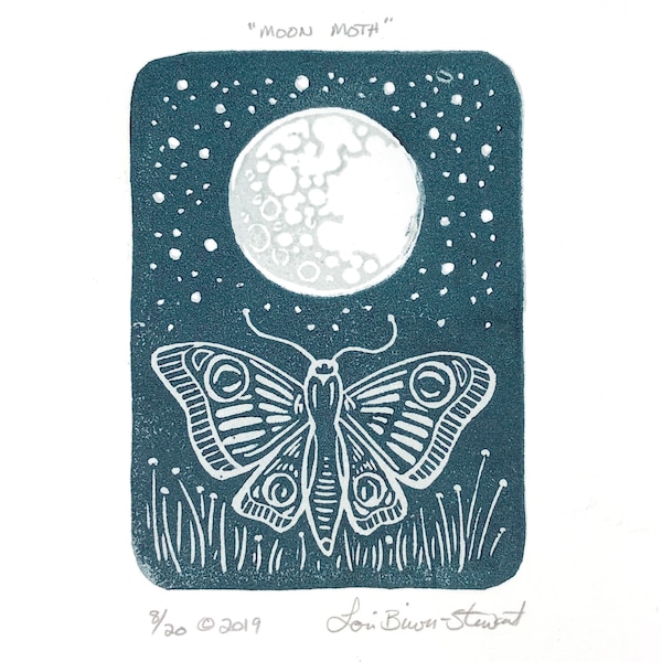 Moon Moth, Night Artwork, Moth Art, Moon Art, Full Moon, Starry Sky, Miniature Art, Wall Art, Block Print Art, Linocut, Relief Print