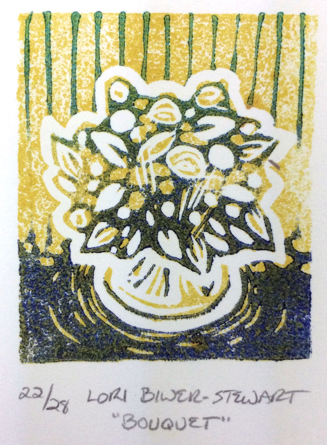Bouquet of Flowers, Roses, Linoleum Print, Block Print, Miniature Art