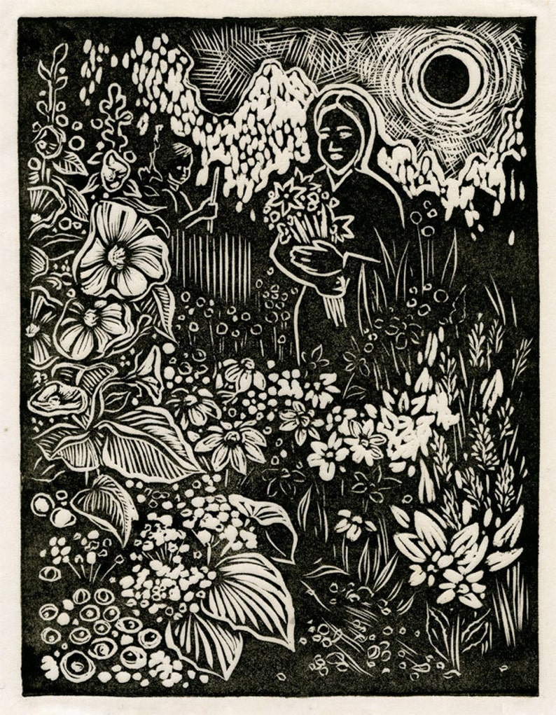 SALE GARDEN Linocut Printmaking block printgirl flower Etsy